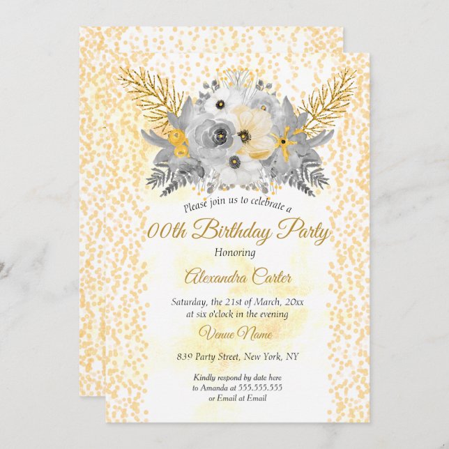 Goldgraue Blumenbouquet Geburtstagsparty Einladung (Vorne/Hinten)