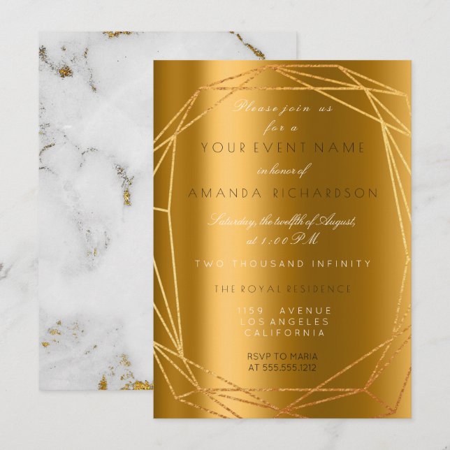 Goldgraue Marmorplatte Geburtstag Diamantrahmen Einladung (Vorne/Hinten)