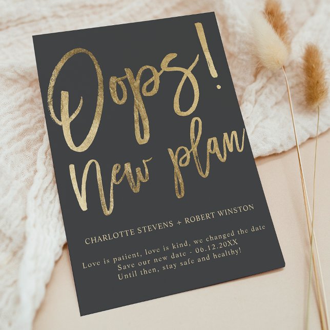Goldgraue neue Plan Hochzeit ändern das Datum Ankündigungspostkarte (Gold gray new plan wedding change the date announcement postcard)