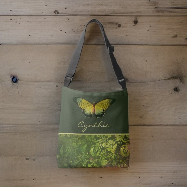 Goldgrauer Schmetterling mit Boho Foliage Monogram Tragetaschen Mit Langen Trägern (Von Creator hochgeladen)