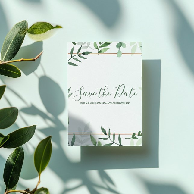 Goldgrenzenblättrige grüne Save the Date-Karte Date (Green leaves and gold border save the date card)