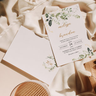 Goldgrün Eukalyptus Monogram Script Wedding Einladung