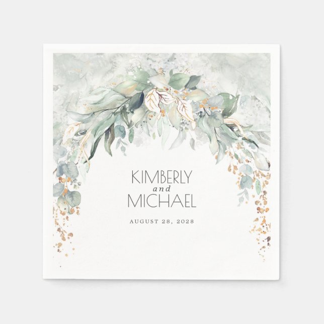 Goldgrün und Eukalyptus-Blätter Hochzeit Serviette (Vorderseite)