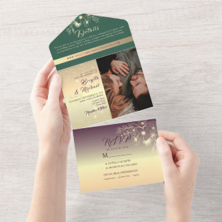 Goldgrün und Lila Fotos Hochzeit All In One Einladung
