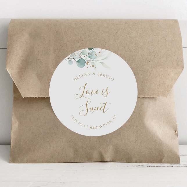 Goldgrüne Eukalyptus-Hochzeitsstimmung ist süß Runder Aufkleber (Von Creator hochgeladen)