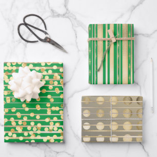 Goldgrüne Konfetti-Streifen elegantes formales Mus Geschenkpapier Set