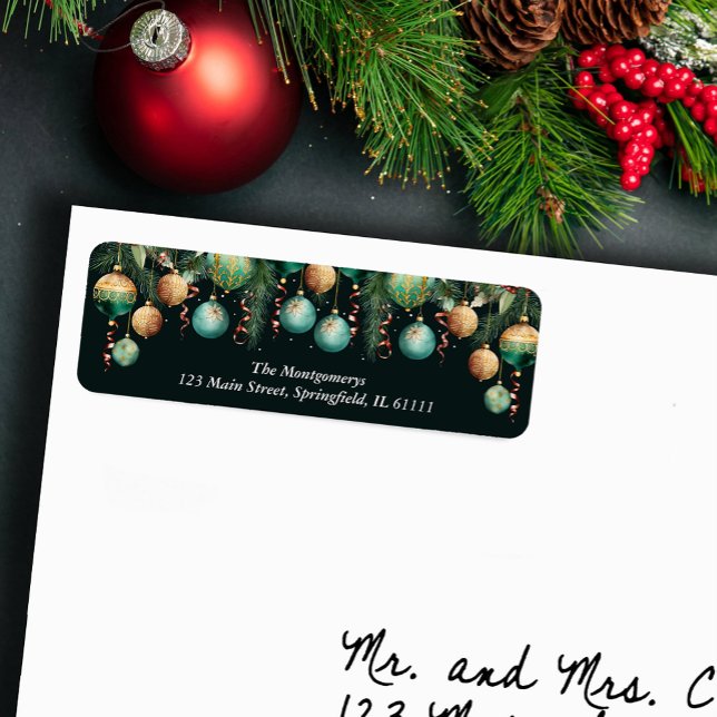 Goldgrüne Weihnachtsbaum-Ornament-Rücksendeadresse (Gold and Green Christmas Tree Ornaments Return Address Labels)