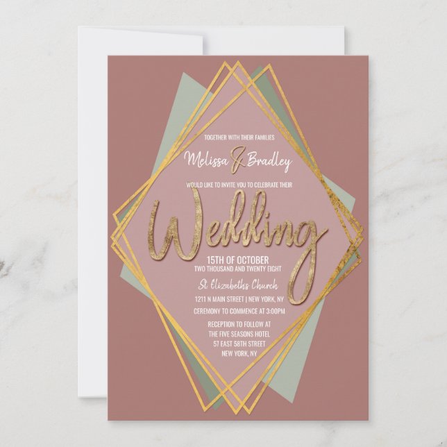 Goldgrünes Rosa und Mauve Geometric Wedding Einladung (Vorderseite)