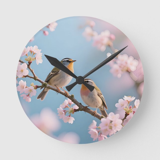 Goldhähnchen Kirschblüten Frühling Runde Wanduhr (Vorderseite)