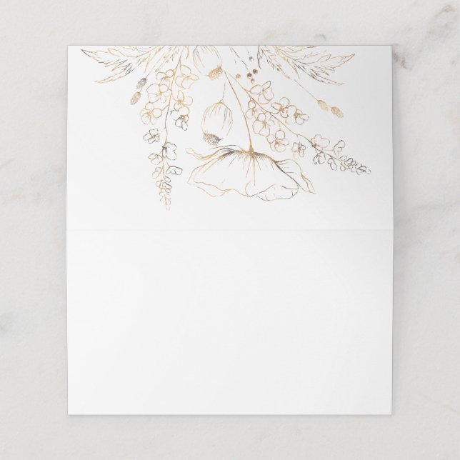 Goldhandgezogene Wildblumen Weißhochzeit Platzkarte (Außenseite Aufgefaltet)