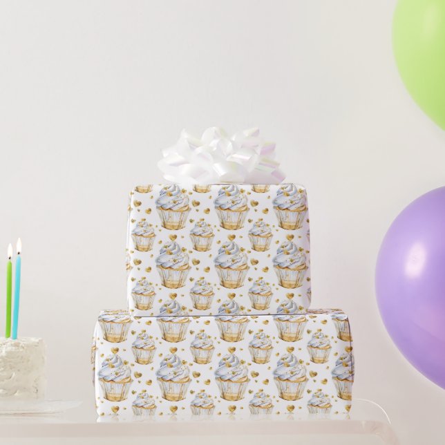 Goldherz-Cupcakes Geburtstag Geschenkpapier (Partygeschenke)