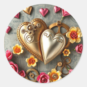Goldherzen, rosa und gelbe Blumen Steampunk Runder Aufkleber