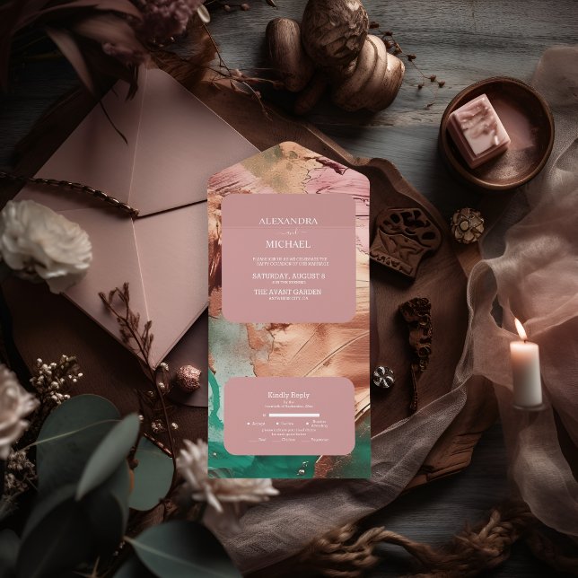 Goldhochzeit der abstrakten Smaragdgrünen Rose All In One Einladung (Von Creator hochgeladen)