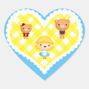Goldilocks und die drei Bären auf Yellow Gingham Herz-Aufkleber