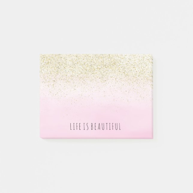 GoldImitat-Glitzer-RosaWatercolor personalisiert Post-it Klebezettel (Vorderseite)