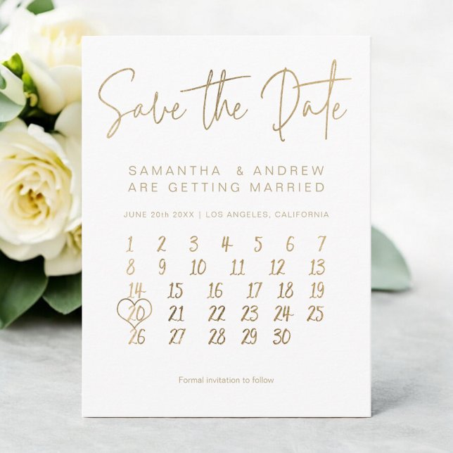 Goldkalender Save the Date Ankündigungspostkarte (Simple gold white calendar save the date announcement postcard)