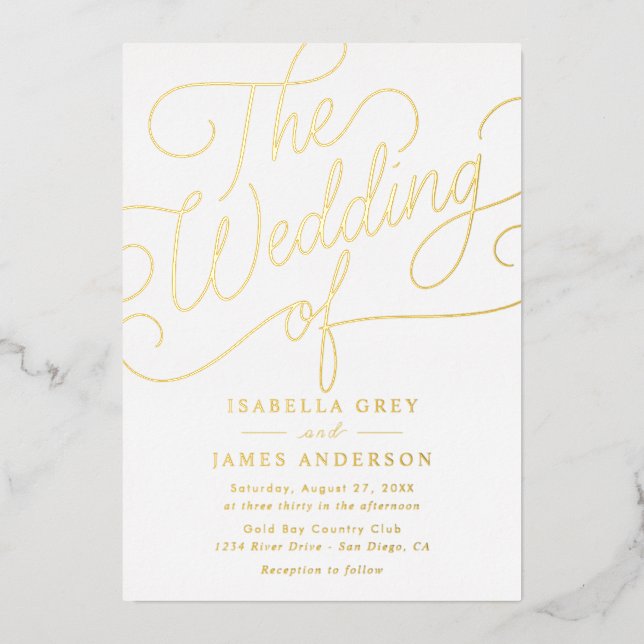 Goldkalligrafie-Script-Hochzeit Folieneinladung (Vorderseite)