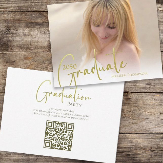 Goldkalligrafie Script Minimalistisch Foto QR Code Einladung (Von Creator hochgeladen)