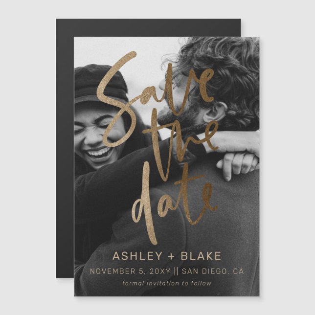 Goldkalligrafisches Foto Save the Date Magneteinladung (Vorne/Hinten)