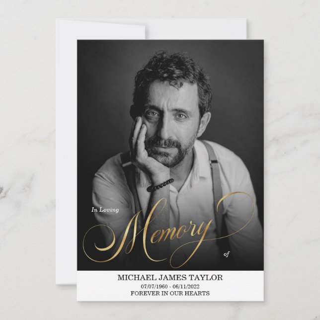 Goldkalligrafisches Foto zur Beerdigung des Gedäch Einladung (Vorderseite)