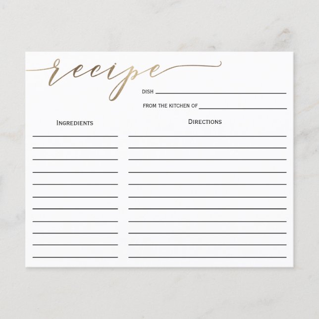 Goldkalligraphie-Brautparty-Rezept-Karte (Vorderseite)