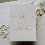 Goldkalligraphie Es ist eine MädchenBaby-Dusche Einladung<br><div class="desc">Diese goldene Kalligraphie ist eine Mädchen-Dusche Einladung ist perfekt für eine rustikale Babydusche oder Sprinkle. Das einfache und elegante Design zeichnet sich durch klassische und extravagante Schriftzeichen in Gold aus.</div>
