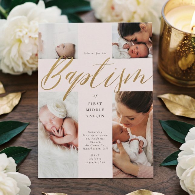 Goldkalligraphie Foto Collage Baby Taufkreuz Einladung (Gold Calligraphy Photo Collage Baby Baptism Cross Invitation)
