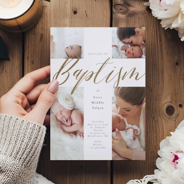 Goldkalligraphie Foto Collage Baby Taufkreuz Einladung (Gold Calligraphy Photo Collage Baby Baptism Cross Invitation)