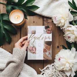 Goldkalligraphie Foto Collage Baby Taufkreuz Einladung