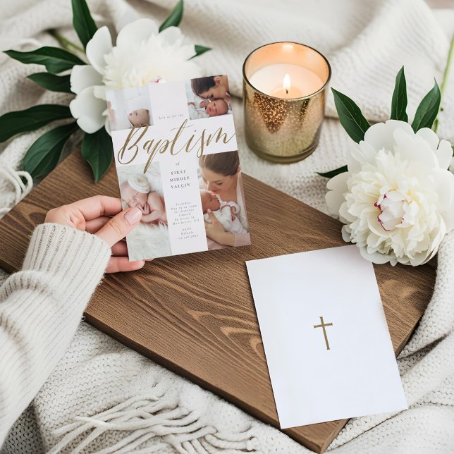 Goldkalligraphie Foto Collage Baby Taufkreuz Einladung (Gold Calligraphy Photo Collage Baby Baptism Cross Invitation)