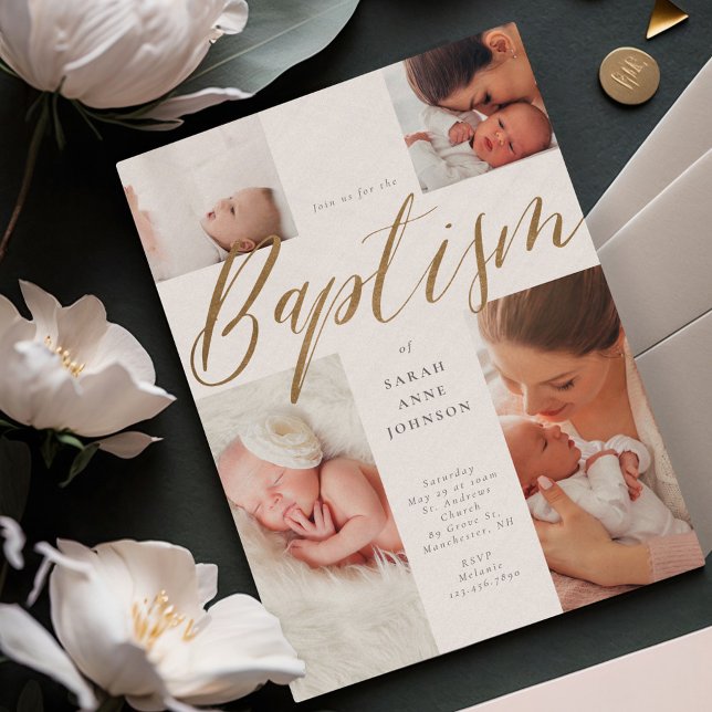 Goldkalligraphie Foto Collage Baby Taufkreuz Einladung (Gold Calligraphy Photo Collage Baby Baptism Cross Invitation)