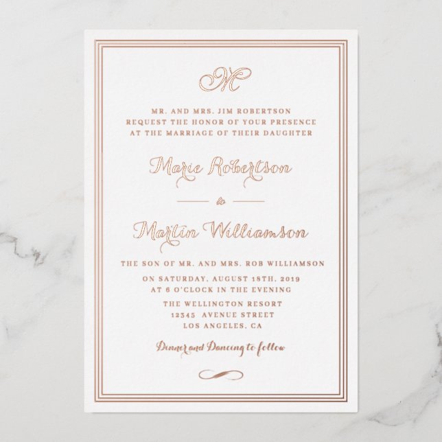 Goldkalligraphie-Hochzeit in Schwarz und Rose Folieneinladung (Vorderseite)
