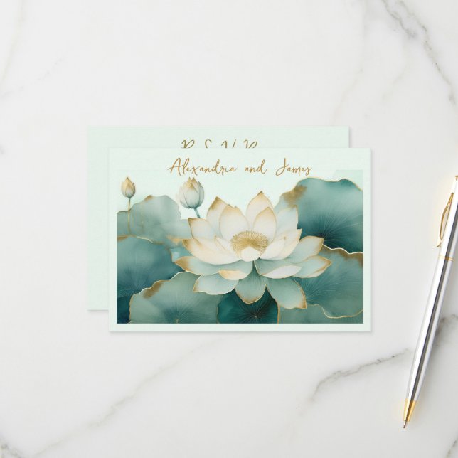 Goldkanten der Hochzeitlotus-Blume RSVP Karte (Vorderseite/Rückseite Beispiel)