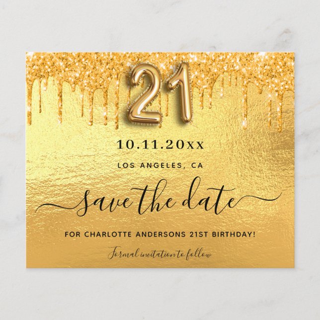 Goldkarte zum 21. Geburtstag Save the Date für den (Vorderseite)