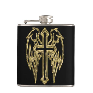 Goldkatholisches Kreuz mit Flügeln Flachmann