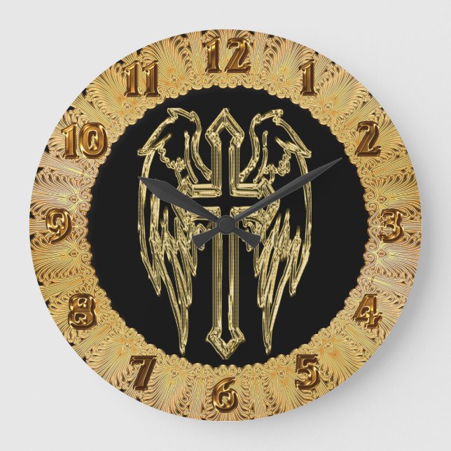 Goldkatholisches Kreuz mit Flügeln Große Wanduhr (Vorderseite)