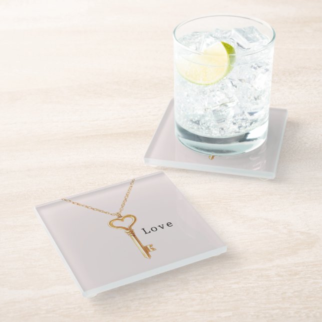 Goldkette Herzanhänger Liebe Glasuntersetzer (Schrägansicht)