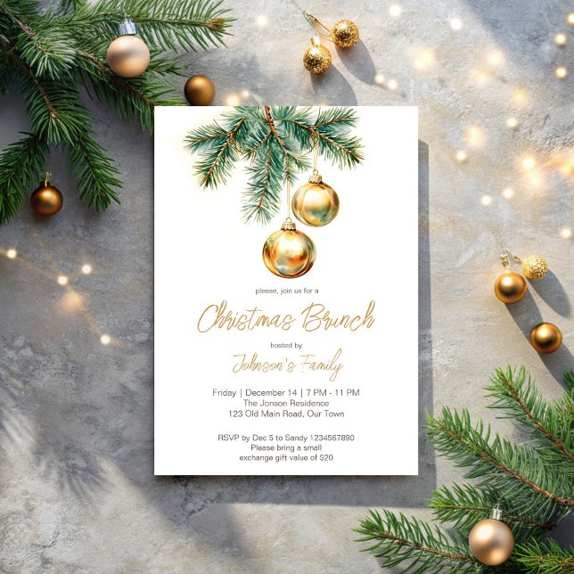 Goldkiefer Einladung (Christmas brunch party invitation cards gold baubles pines simple modern Christmas invitation)