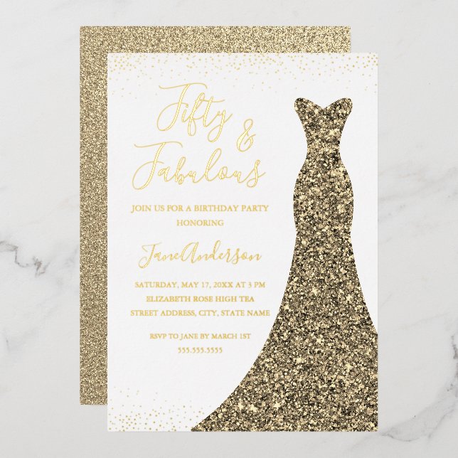 Goldkleid 50 & fabelhafte Birthday Foil Foil Invit Folieneinladung (Vorderseite/Rückseite)
