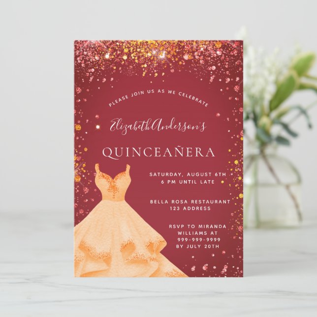 Goldkleid aus Quinceanera Glitzer Einladung (Stehend Vorderseite)
