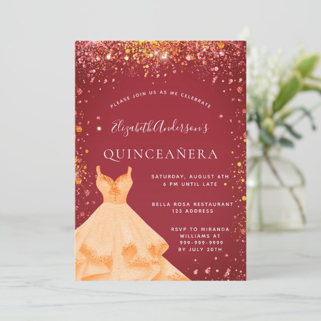 Goldkleid aus Quinceanera Glitzer Einladung (Stehend Vorderseite)