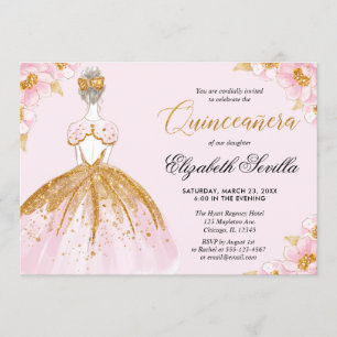 Goldkleid aus Quinceanera, rosa Glitzer Einladung