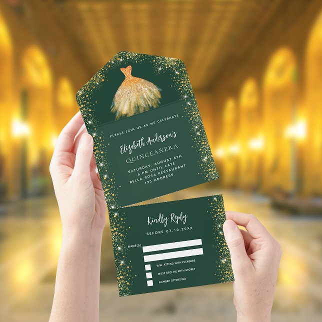 Goldkleid aus Quinceanera, Smaragdgrün, Glitzer UA All In One Einladung (Von Creator hochgeladen)
