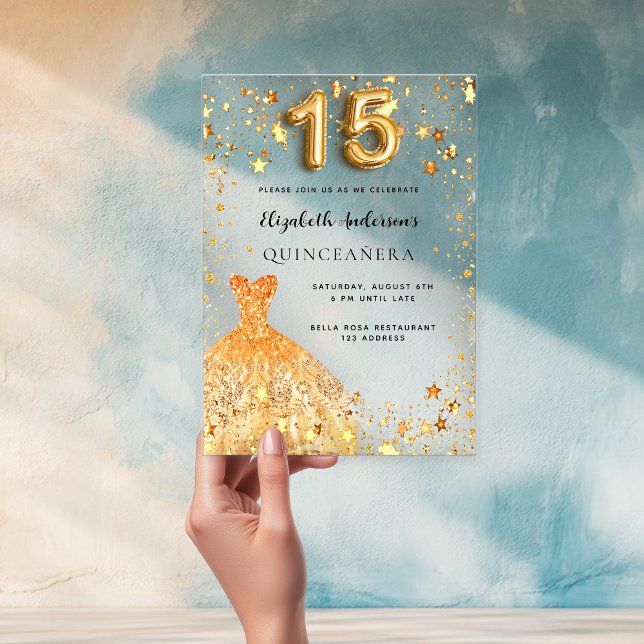 Goldkleid aus Quinceanera - Sterne klar Acryleinladungen (Von Creator hochgeladen)