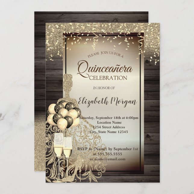 Goldkleid, Balloons, Holz-Quinceanera Einladung (Vorne/Hinten)