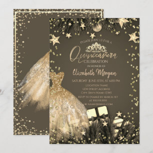 Goldkleid, Branchen, Diamanten Stars Quinceañera Einladung