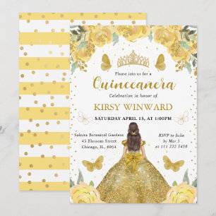 Goldkleid Brünette Prinzessin Quinceanera Einladung