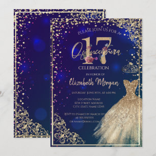 Goldkleid Diamanten Floral Blau Quinceañera Einladung