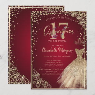 Goldkleid Diamanten Florales Rot Quinceañera Einladung