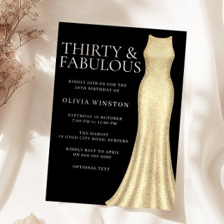 Goldkleid & Schwarze Frauen 30. Geburtstag Party Einladung